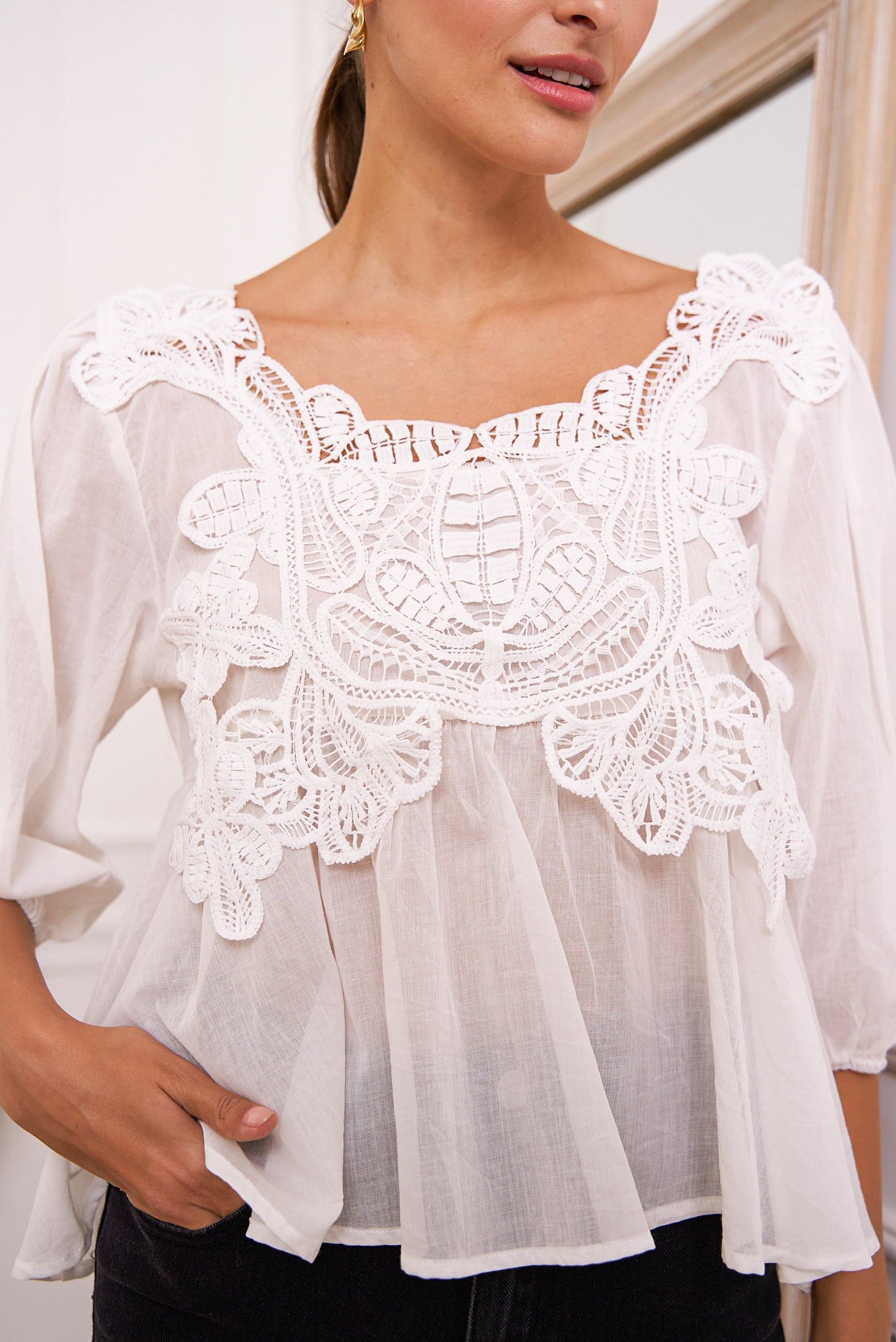 Blouse en coton et dentelle