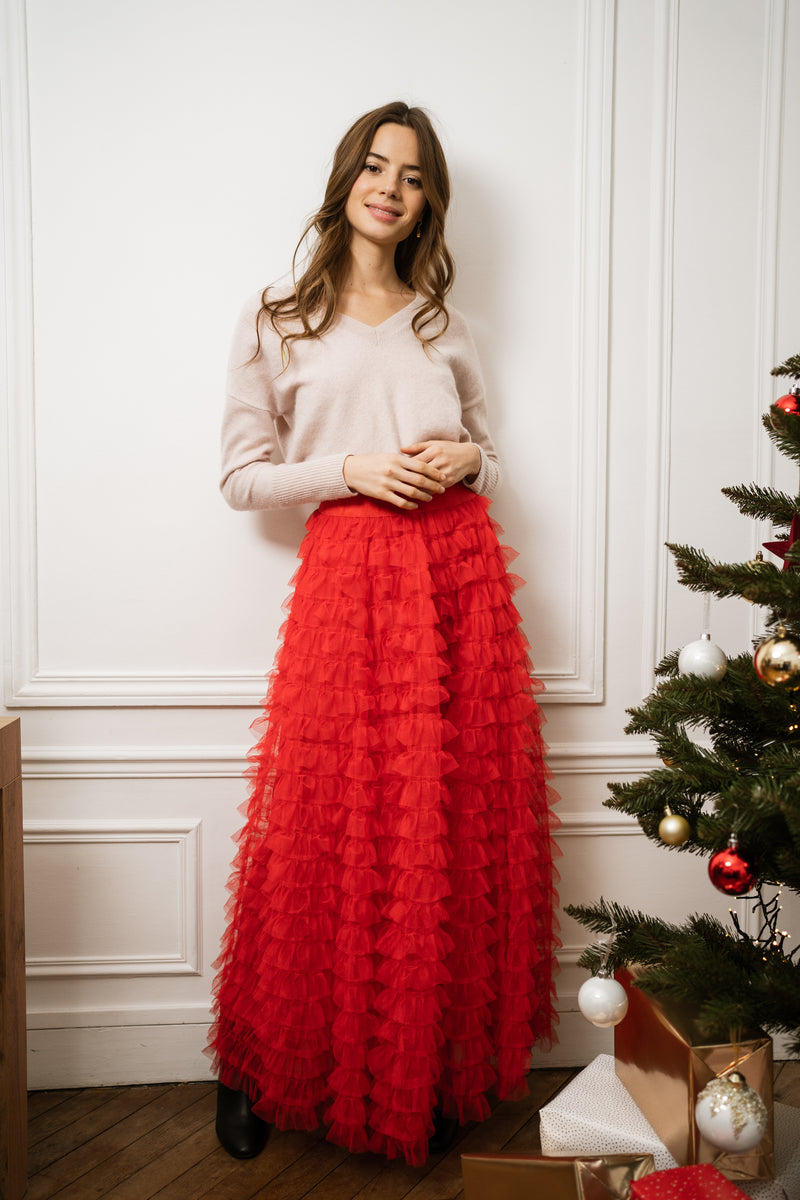 Long tulle skirt with gathers and ruffles