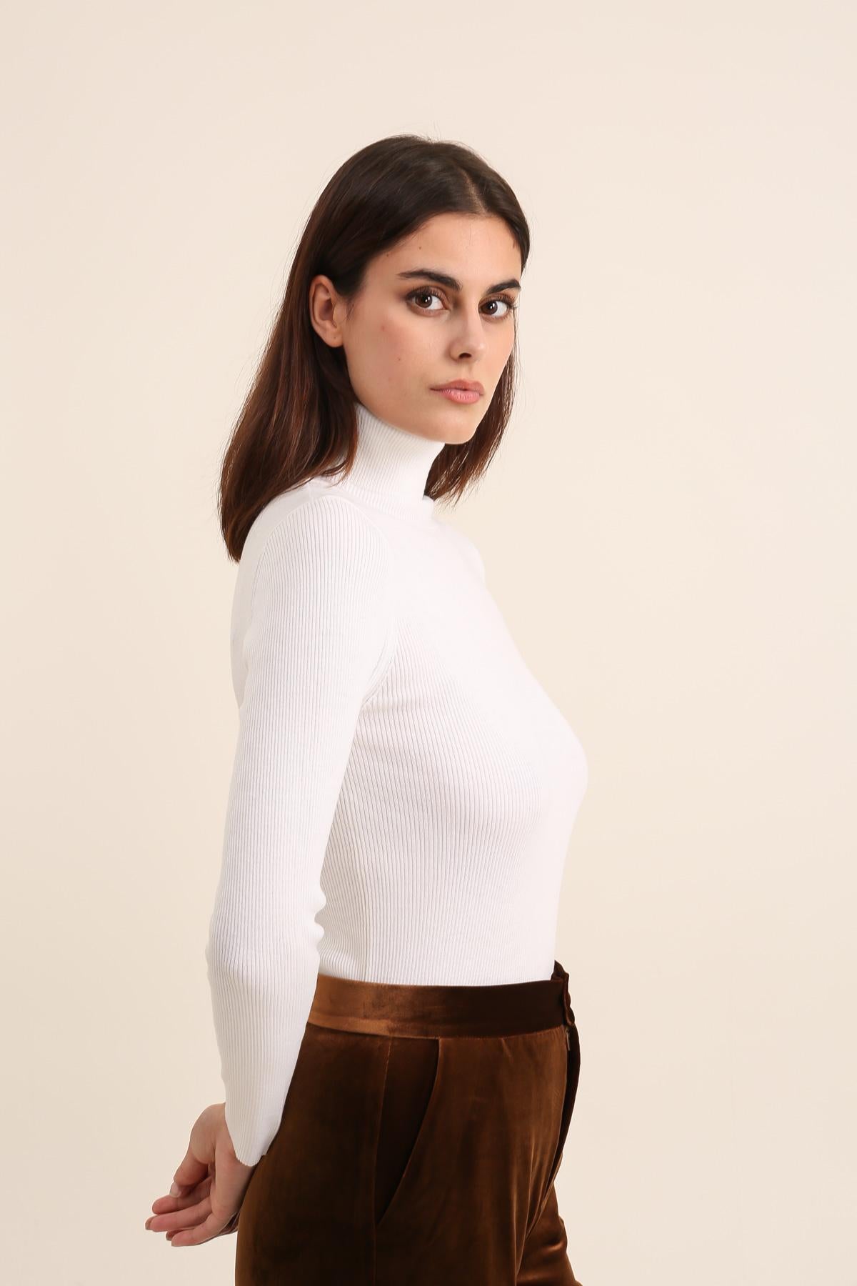 Pull col roulé côtelé en laine et lurex