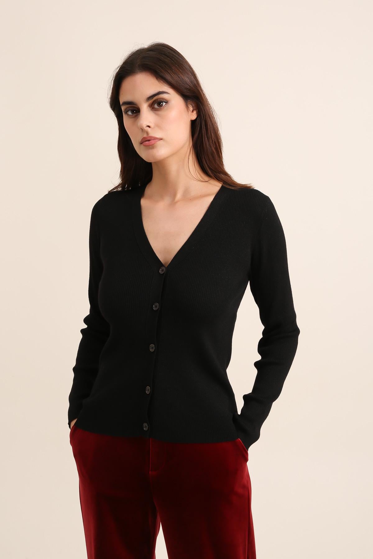 Cardigan côtelé en laine et lurex