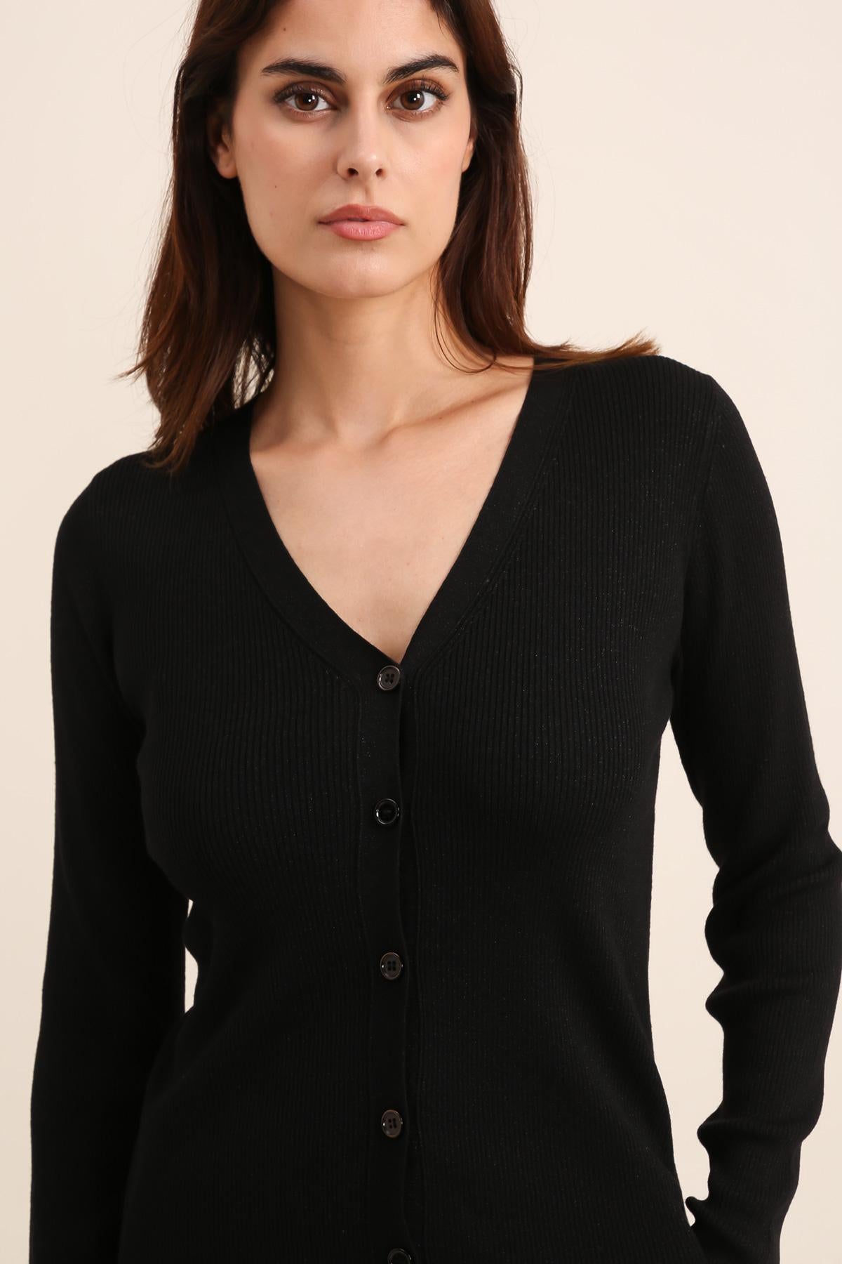 Cardigan côtelé en laine et lurex