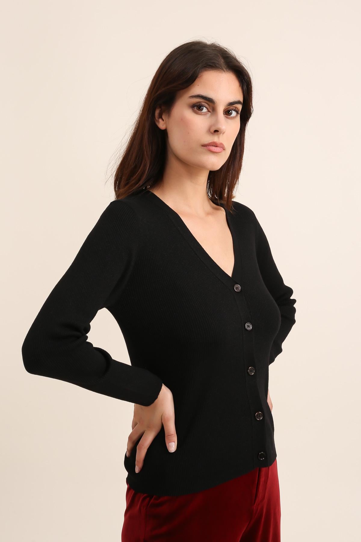 Cardigan côtelé en laine et lurex