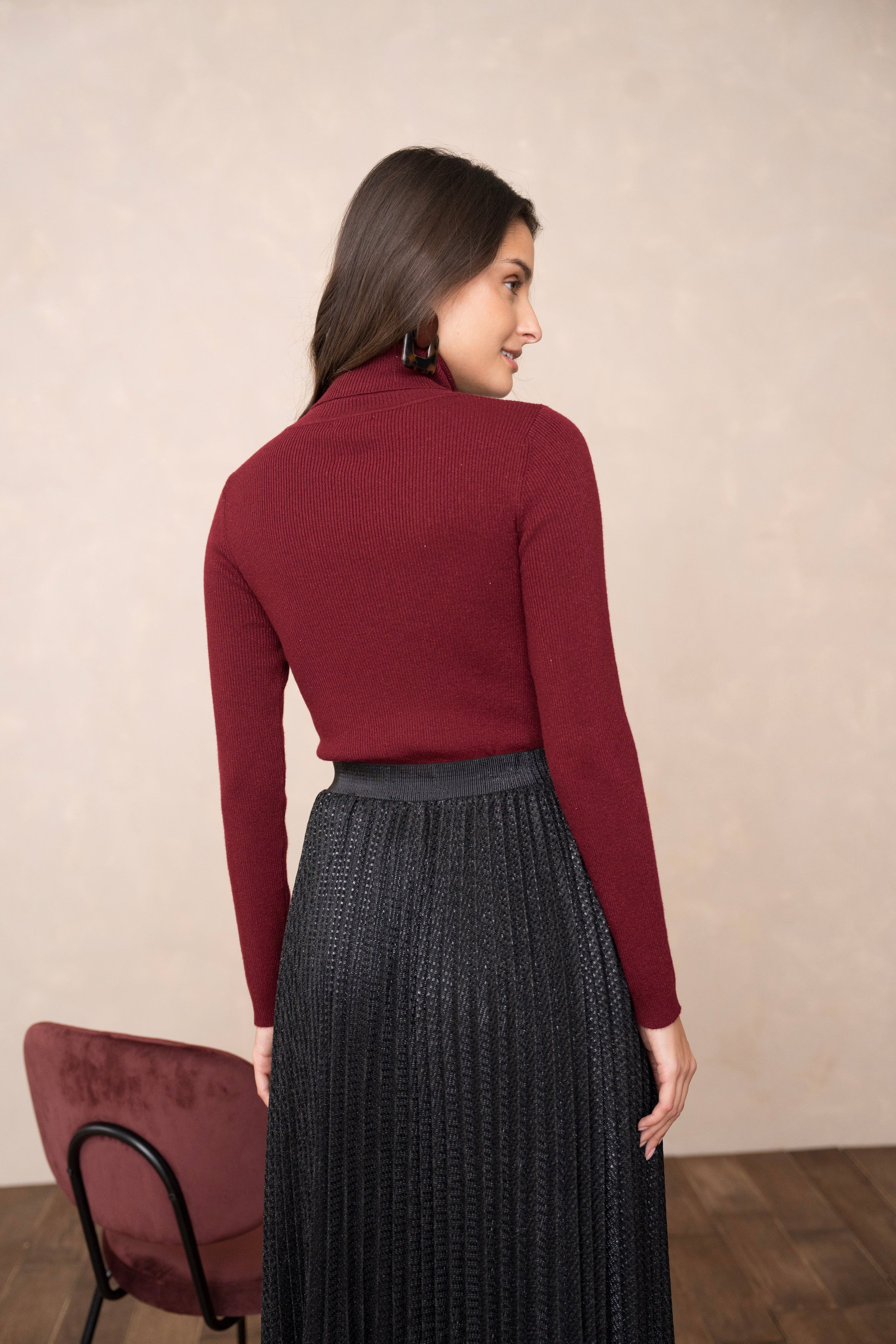 Pull col roulé côtelé en laine et lurex