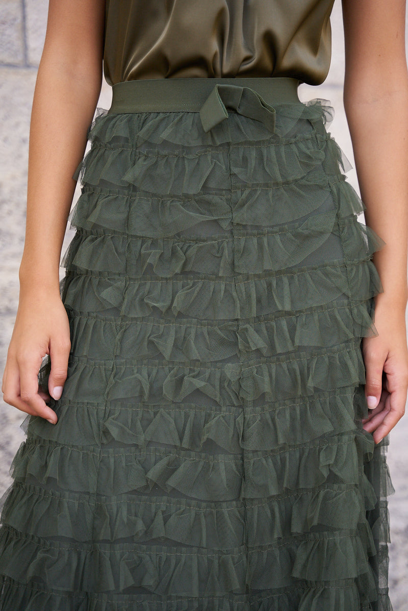 Long tulle skirt with gathers and ruffles